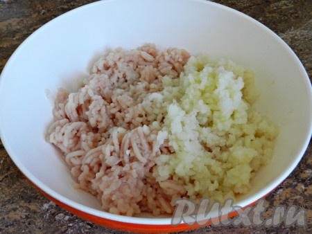 Пропустить через мясорубку куриное филе с половиной луковицы и капустой.