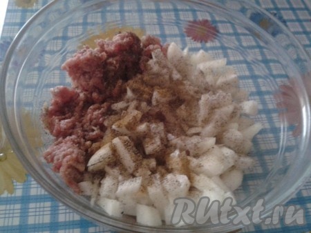 В готовый фарш добавить нарезанный лук и специи (соль, перец, смесь специй для мяса), все хорошо перемешать и оставить минут на 10-15, чтобы настоялся.
