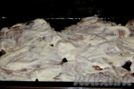 Противень смазываем растительным маслом (или застилаем пергаментом), выкладываем отбитые кусочки мяса в один слой. Смазываем мясо сверху майонезом.