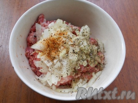 К мясному фаршу добавить мелко нарезанный репчатый лук, соль, специи, черный свежемолотый перец и паприку.

