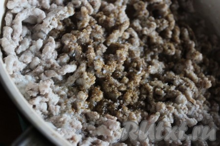 В сковороду влить немного растительного масла и хорошо разогреть ее. Выложить в сковороду фарш, затем добавить туда натертый лук, посолить и поперчить. Обжарить фарш на среднем огне в течение 5 минут, периодически помешивая и разбивая комочки.
