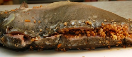 Зашиваем. У карпа кожа очень плотная, поэтому нужно брать очень толстую иглу (или шило) и сшивать крепкой ниткой.