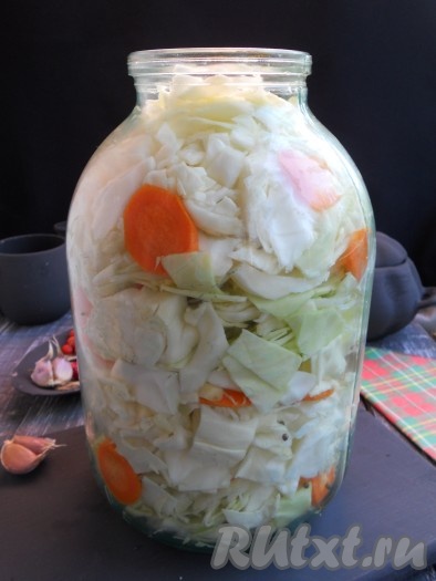 Наполнить банку капустой полностью, утрамбовывая поплотнее.

