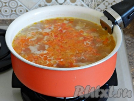 Залить овощи процеженным бульоном, довести до кипения и варить на медленном огне 10 минут.