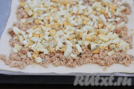 На горбушу разложить слой яиц.