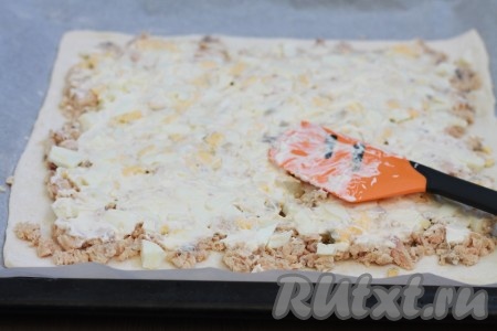 Слой яиц с помощью силиконовой кисточки (или ложки) смазать майонезом (или сметаной).