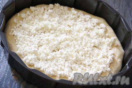 Для приготовления начинки творог смешать с сахаром. Выложить половину творога на дрожжевое тесто. Я использовала для этого пирога зерновой творог.