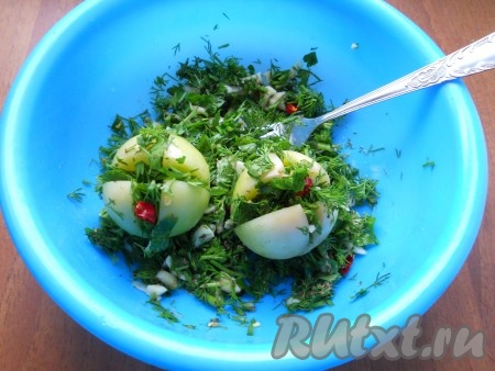 Зеленые помидоры вымыть, сделать крестообразные надрезы не до конца. Нафаршировать помидоры подготовленной зеленой смесью.