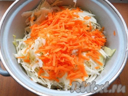 Капусту тоненько нашинковать, чуть посолить и помять руками. Добавить натертую на крупной терке морковь.