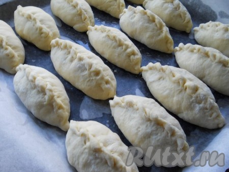 Сформировать пирожки с яблочной начинкой обычным способом, но шов желательно оставить сверху. Пирожки выложить на противень, застеленный бумагой для выпечки (если не уверены в качестве бумаги для выпечки, тогда перед выкладыванием пирожков немного смажьте бумагу растительным маслом). У меня на противень помещается 15 пирожков.