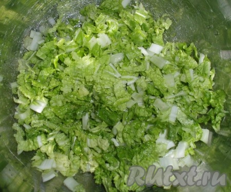 Пекинскую капусту промыть, нарезать небольшими кусочками.