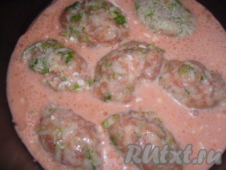 Залить содержимое мультиварки соусом. Для приготовления соуса смешать сметану, томатный соус, влить около 100 мл воды, добавить измельченный чеснок, посолить, поперчить.
