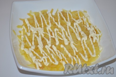 Картофель, натерев на крупной терке, выложить в салатник первым слоем, можно посолить. Сделать сеточку из майонеза.
