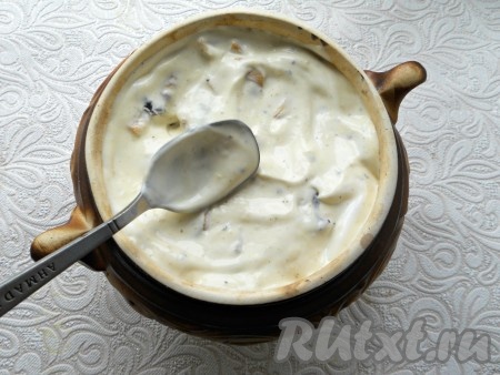 Влить в горшочек воду. На шампиньоны выложить сметану, немного её присолить и разровнять.