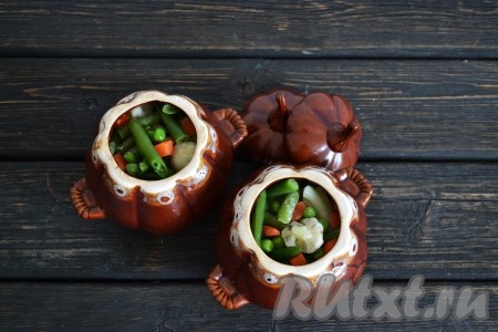 Сверху выложить размороженные овощи (если нет замороженных овощей, можно заменить обжаренным луком с морковью), приправить солью, специями. На 1/3 наполнить горшок овощным бульоном (или водой), накрыть крышкой и отправить в разогретую духовку. Готовить при температуре 160 градусов 35-45 минут. Время приготовления во многом будет зависеть от возраста птицы и от того, насколько крупными кусочками вы нарезали. Готовое мясо гуся должно стать мягким, легко прокалываться ножом.
