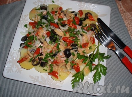 Очень вкусный картофельный салат с тунцом готов.&nbsp;Можно подавать на стол сразу, но лучше подержать несколько часов в холодильнике для пропитки.
