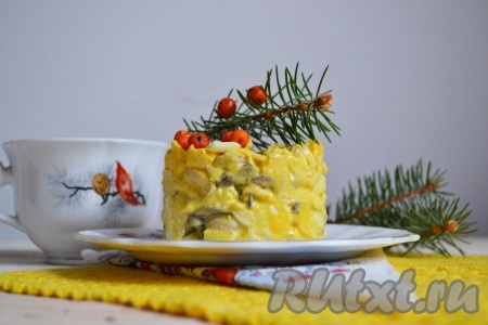 Вкусный, сытный и нежный салат из свиных почек выложить в формовочное кольцо или порционно в бокалы, или в салатник и подать на стол.
