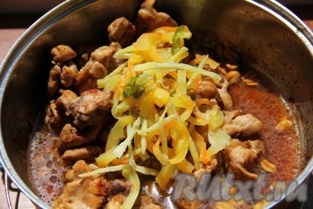 В сковороду с арахисом выложить кусочки курицы, овощи и китайскую приправу, перемешать. Пробуем на вкус, но аккуратно, так как курица Гунбао может быть острой. Тушим все ингредиенты около 10 минут, до готовности мяса, не забывая иногда помешивать.
