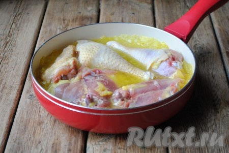 Курицы вымыть, обсушить, нарезать на порционные кусочки и немного посолить. Сильно солить не нужно, так как мясо будет тушиться в луковом соусе, а туда соль мы уже добавили. Кусочки курицы выложить в луковую массу.&nbsp;
