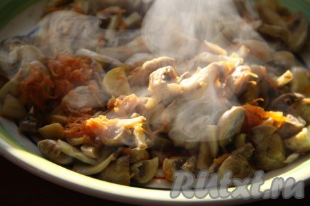 Отдельно на сковороде на растительном масле обжарить мелко рубленный лук, натертую морковь и измельченные грибы в течение 5-7 минут, периодически помешивая. Если используете сушеные грибы, то их надо предварительно замочить в воде. Когда картошка сварится, выложить обжаренные грибы с овощами в кастрюлю с фасолевым супом и варить еще 5 минут.
