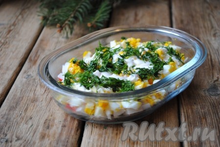 Сверху на яйца выложить мелко нарезанный укроп, немного посолить, добавить майонез.&nbsp;