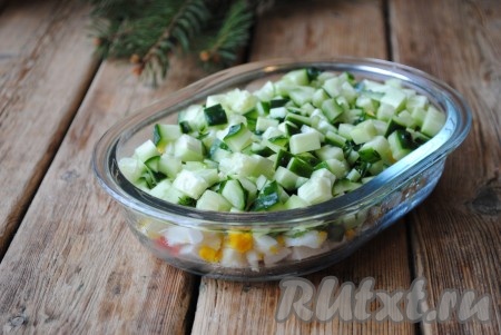 Огурец нарезать на кубики и выложить следующим слоем в салатницу, посолить, сделать сеточку из майонеза.