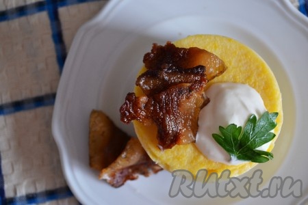 Перед подачей сверху мамалыги выложить ложку сметаны и аппетитные ломтики выжаренных шкварок, украсить листиком зелени.
