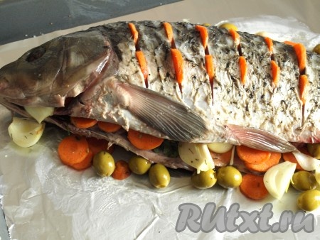 Лук и морковь очистить. Лук разрезать на 4 части, нарезать морковь кружочками, добавить оливки, перемешать и налить немного масла. На тушке рыбы сделать острым ножом надрезы с двух сторон. В надрезы вставить кусочки моркови. Взять фольги в 2 раза больше, чем размер карпа. Смазать&nbsp;ту часть фольги, где будет лежать рыба, подсолнечным маслом (чтобы она не пристала во время запекания). К овощам&nbsp;добавить пару веточек петрушки и плотно набить&nbsp;овощами брюшко карпа. Если останутся овощи, то выложите их на фольгу рядом с рыбкой. Накрыть фаршированного овощами карпа оставшейся частью фольги и завернуть края. Плотно заворачивать фольгу не стоит, так как внутри должен циркулировать воздух.
