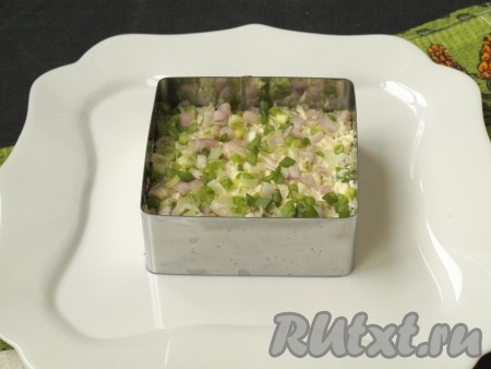 Зелёный лук вымыть, стряхнуть лишнюю воду, мелко нарезать, выложить на картофель.