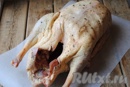 Готовить это блюдо надо начинать с вечера. Гуся тщательно вымыть, обсушить. Щедро натереть снаружи и внутри солью, чёрным молотым перцем и приправой к мясу, затем завернуть в пищевую плёнку и отправить на ночь в холодильник. 