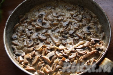 Мелко нарезанную луковицу обжарить на сковороде на растительном масле до золотистости, затем добавить достаточно мелко нарезанные грибы. Жарить на среднем огне около 5 минут, пока не испарится лишняя жидкость из грибов. Лук с грибами посолить, поперчить и влить к ним сливки, потушить 5 минут на медленном огне.