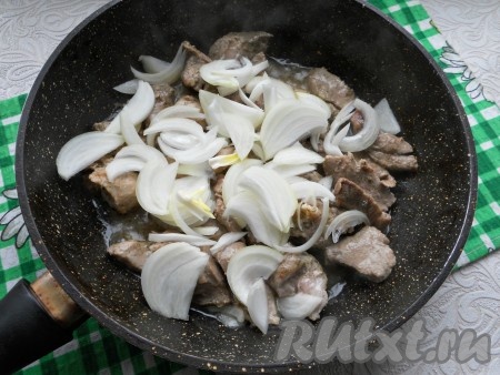 Свинину обжарить на среднем огне до изменения цвета, посолить и добавить нарезанный полукольцами или перьями репчатый лук. Обжаривать далее на довольно сильном огне, помешивая, до румяного цвета лука и мяса.