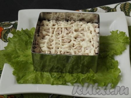 Куриное филе нарезать кубиками, выложить следующим слоем, смазать майонезом.
