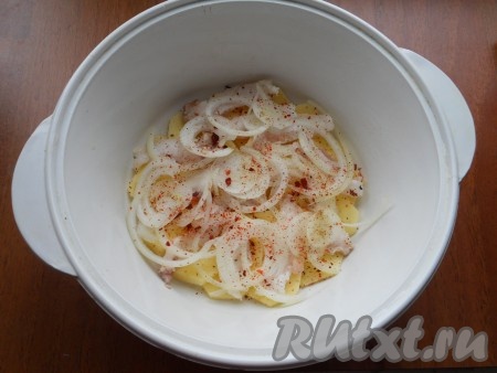Далее добавить нарезанный тонкими кольцами или полукольцами репчатый лук, посыпать паприкой, сушеным чесноком и специями.