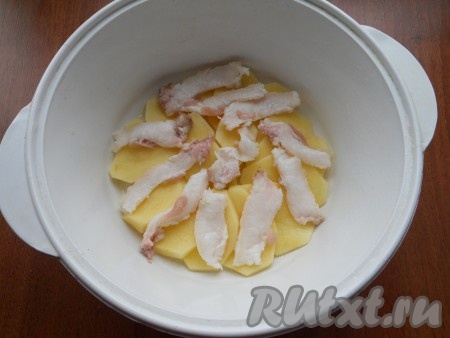 Картофель очистить и нарезать тонкими кружочками. Сало нарезать тонкими ломтиками. Кастрюльку, подходящую для приготовления в микроволновке, смазать немного растительным маслом. Далее выкладывать все слоями: ряд картофеля внахлест + ломтики сала. Если сало свежее - посолить все по вкусу, если соленое - солить не нужно.