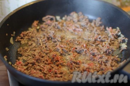 Добавить говяжий фарш, чеснок, посолить и обжарить вместе с луком, периодически помешивая, до изменения цвета мяса.
