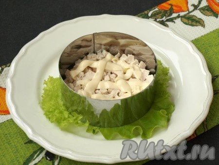 Измельчить кубиками филе курицы, выложить первым слоем на тарелку или в салатник, посолить и смазать майонезом.
