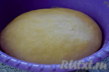 Пока дрожжевое тесто поднимается, можно заняться начинкой. Изюм нужно промыть водой, выложить в глубокую тарелку, залить полностью кипящей водой, затем воду слить. Обсушить изюм, разложив его на бумажном полотенце. В глубокой миске растереть вилкой творог, сахар и яйцо в однородную массу. В получившуюся творожную массу добавить подготовленный изюм, хорошо перемешать и начинка для ватрушек готова. Вот так у меня поднялось тесто по прошествии 2 часов.