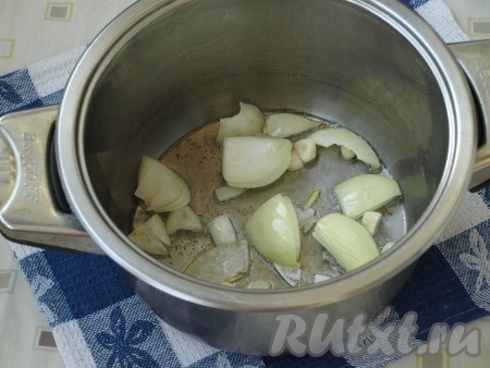 Лук и чеснок очистить, крупно нарезать. В кастрюле разогреть подсолнечное масло, выложить нарезанные лук и чеснок, обжарить на среднем огне, иногда помешивая, в течение 1 минуты.