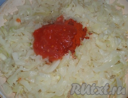 Когда капуста станет мягкой, посолить, добавить паприку и томатную пасту, перемешать.

