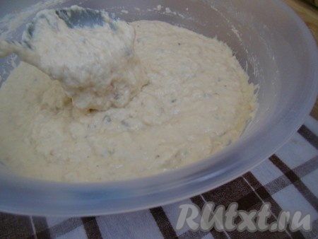 Тщательно перемешайте тесто при помощи ложки. Оно будет похоже на хорошую густую домашнюю сметану.
