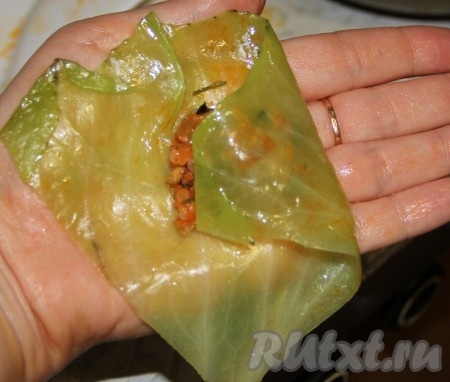 Берем один капустный треугольник и помещаем на него наш фарш. 