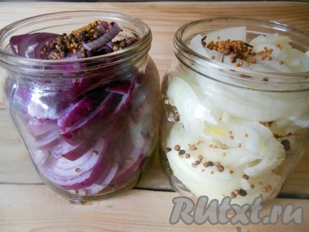 Зёрна кориандра и горчицы, горошины чёрного перца соедините в отдельной ёмкости, перемешайте специи. В чистую банку объёмом 0,5-литра выкладывайте слоями лук, посыпая каждый слой получившейся смесью специй.