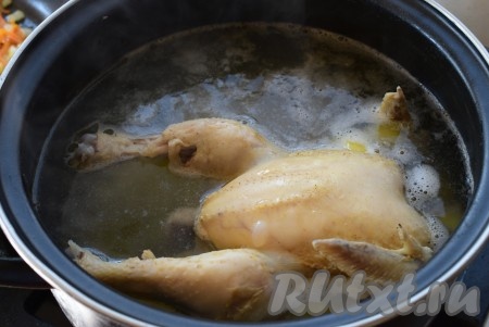 Для приготовления бульона, в холодную воду кладем курицу (я варила цыпленка целиком). Класть надо курицу именно в холодную воду, чтобы в процессе варки мясо отдало все соки и бульон получился насыщенным. Добавляем в кастрюлю с курицей 1 очищенную луковицу и 1 очищенную морковь (я еще добавляю 1 нарезанную кубиками очищенную картофелину, для того чтобы она хорошо разварилась в бульоне, и суп стал более насыщенным, но можно и не добавлять). Ставим на огонь, после закипания снимаем пену, уменьшаем огонь и варим на небольшом огне, примерно, 40 минут (до готовности курицы).
