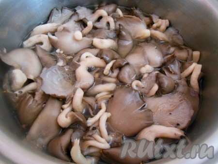 В кастрюлю с маринадом добавьте вешенки и варите 7-10 минут с момента закипания (если грибы крупные и вы их не разрезали на части, тогда время варки можно увеличить до 20 минут). Выключите огонь, когда грибы остынут, добавьте уксус и перемешайте.