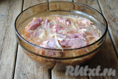 Залить свинину минеральной водой. Соль я в маринад не добавляю. Солю мясо перед самой жаркой, так оно остается более сочным. Отправить миску с будущим шашлыком в холодильник и оставить минимум на 2 часа, конечно, можно и на более длительное время.