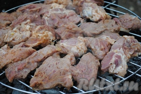 Свинину, замаринованную в минеральной воде, перед самым приготовлением посолить. Жарить шашлык на решетке над хорошо раскаленными углями, периодически переворачивая мясо и поливая маринадом.