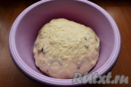 Также добавить в тесто изюм и хорошо тесто вымесить, подсыпая муку. Тесто будет липким, но больше, чем указано в рецепте, муки не добавлять. В итоге тесто будет нежным, мягким и чуть липнущим.
