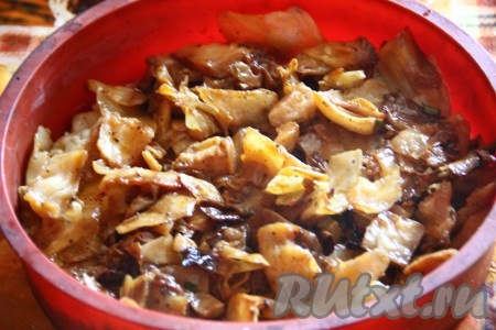 Сверху картофельно-сырной массы нужно выложить заранее приготовленную начинку, я готовила картофельный пирог с заранее потушенной капустой (для приготовления тушеной капуста, я свежую капусту нашинковала, присолила и тушила на растительном масле около часа в казанке, периодически помешивая).