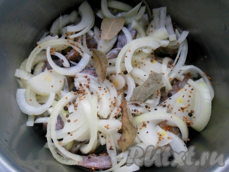 И продолжайте чередовать слои, просыпая каждый слой рыбы щепоткой соли, специями, маринованным и свежим луком.